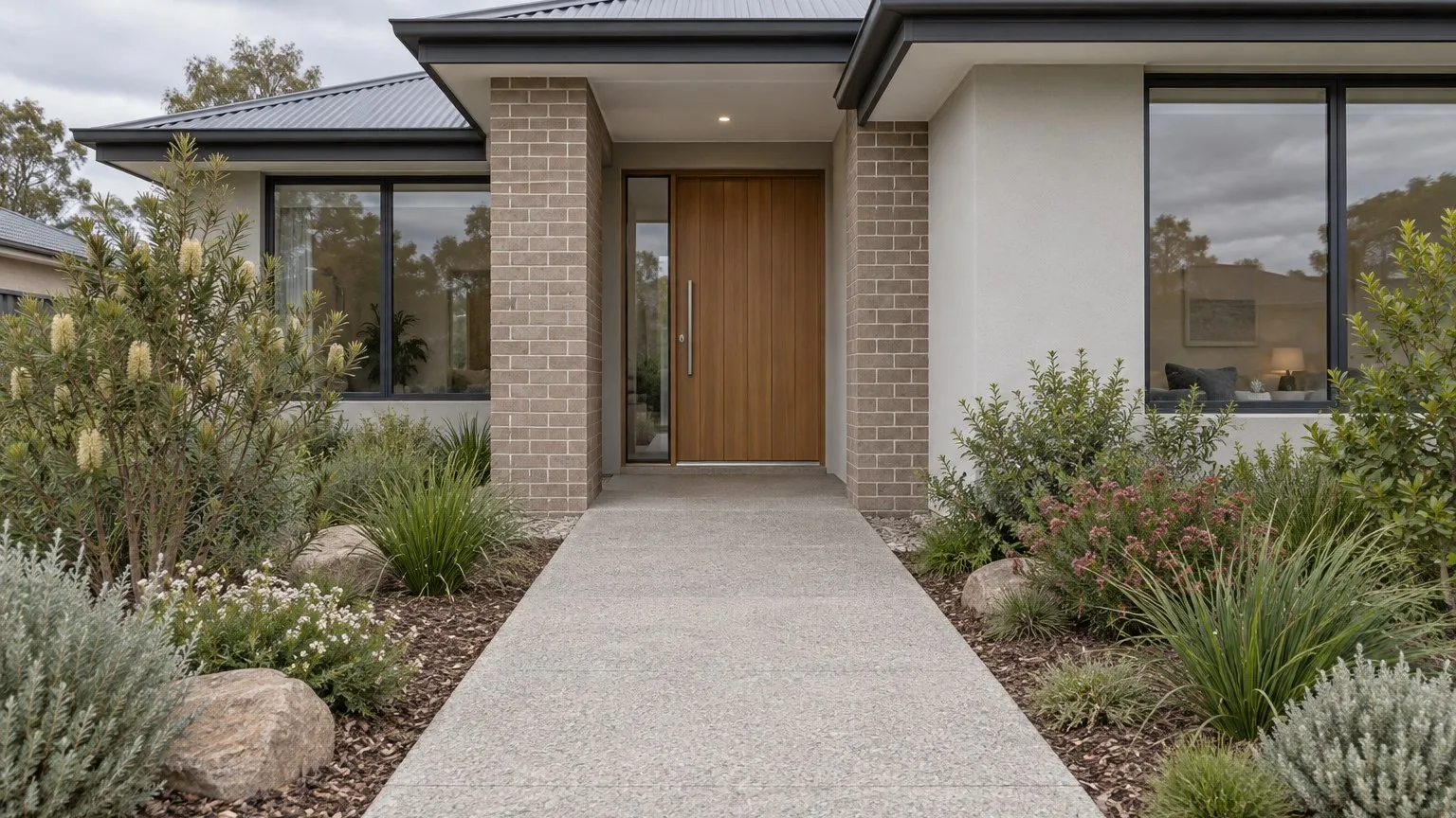 Illustrative view of a gently sloping step-free paved entrance path leading to the front door of a new single-storey Australian home
