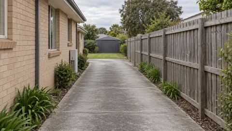 Narrow side access driveway between two houses toward a rear yard