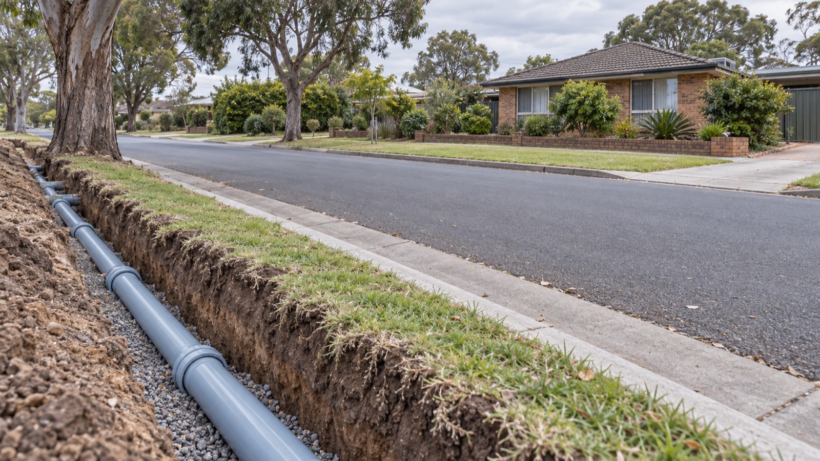Illustrative open service trench with pipes beside a suburban kerb