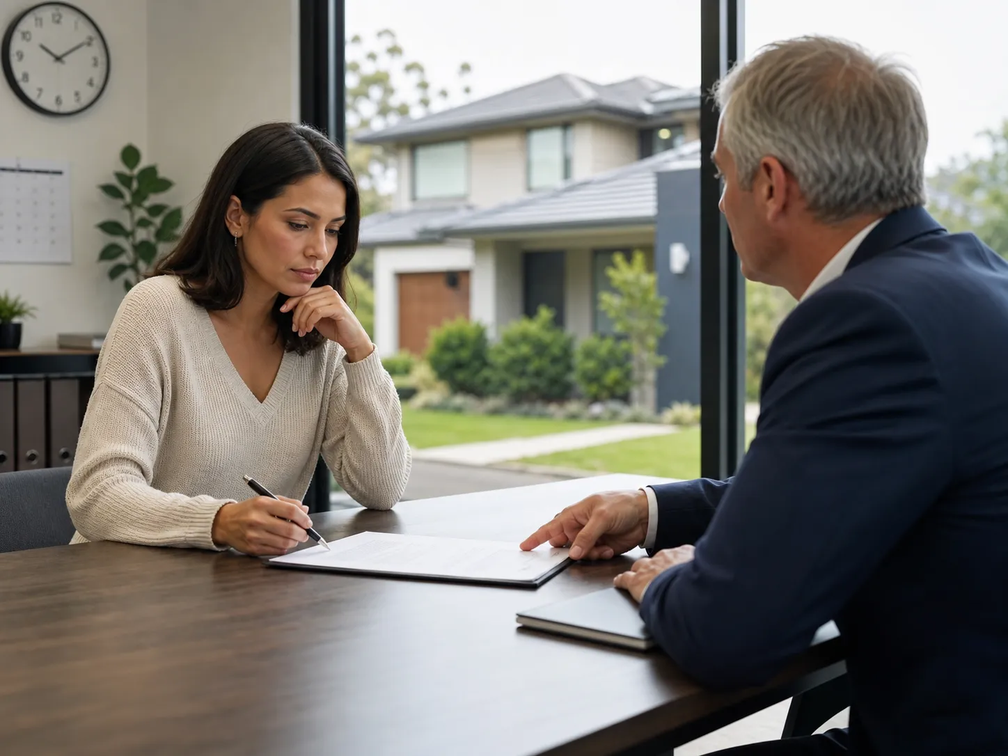 Australian home buyer pausing to review a sale contract with a conveyancer