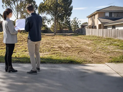 Modern Australian duplex frontage with site plans, council notes and a feasibility checklist overlay
