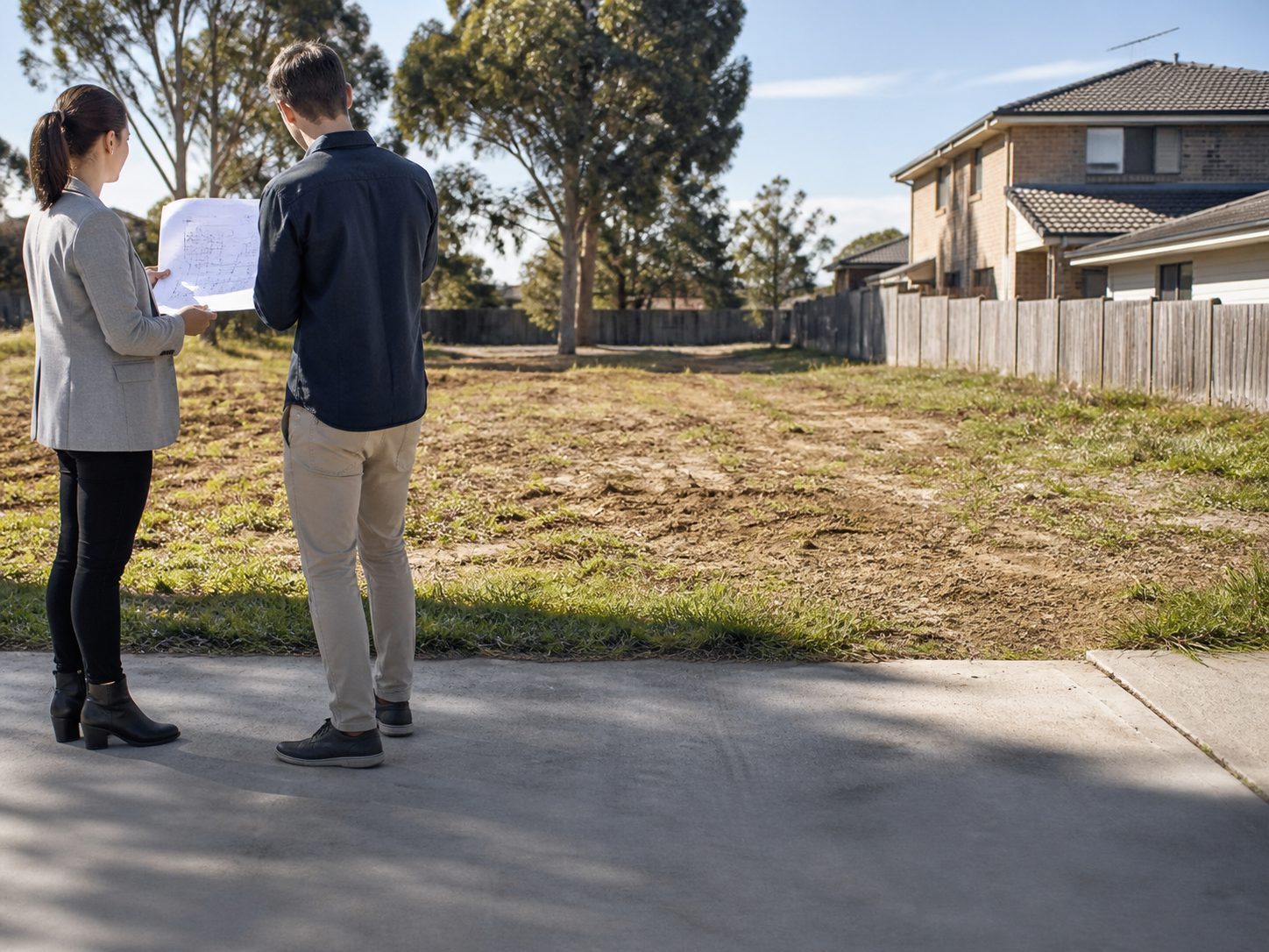 Modern Australian duplex frontage with site plans, council notes and a feasibility checklist overlay