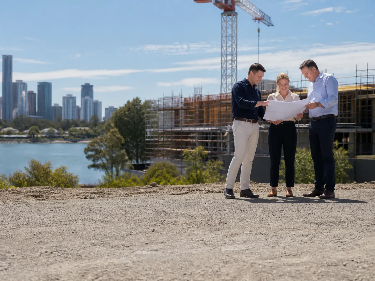 Two Australian property partners reviewing a joint venture agreement, feasibility numbers and site plans with a mentor