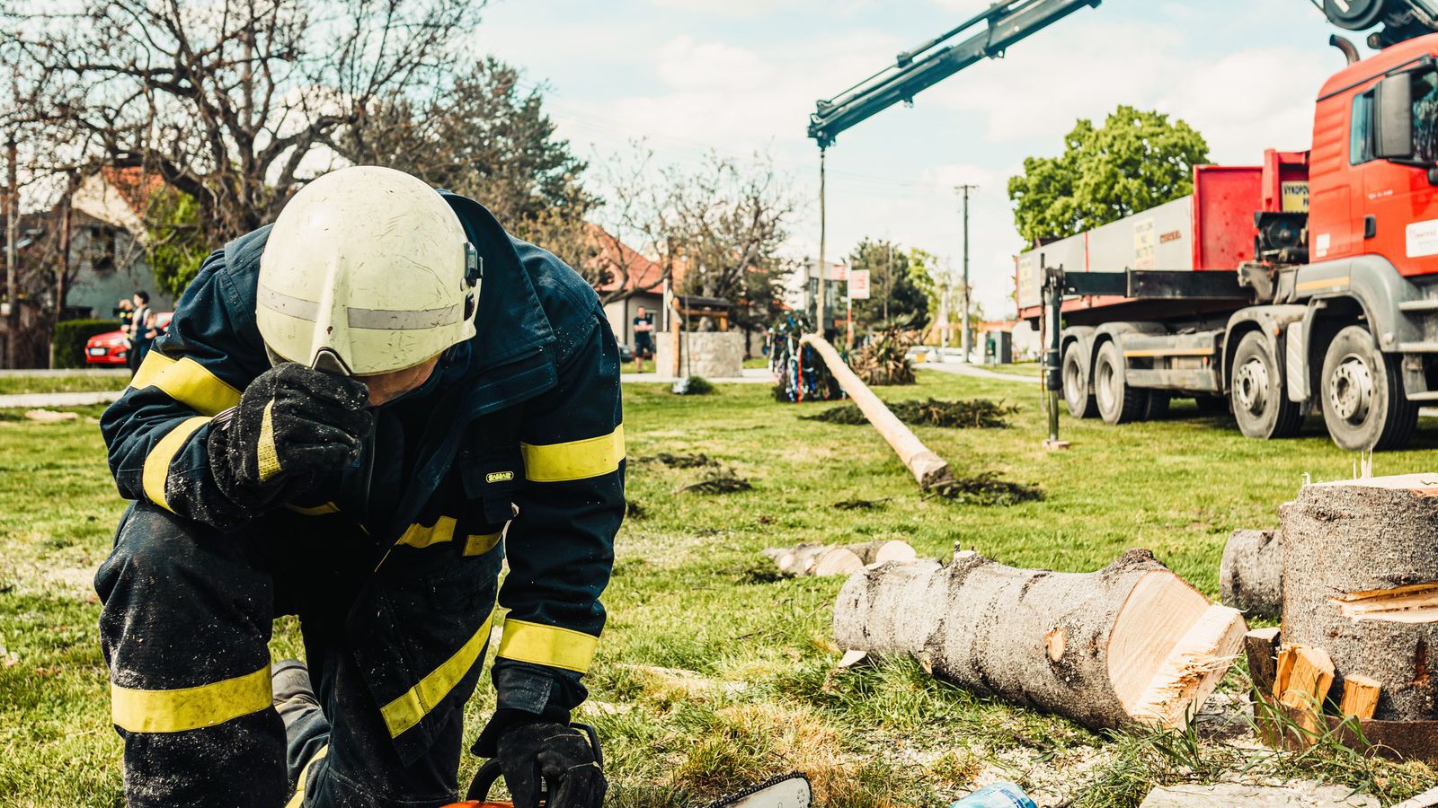 Tree crew reducing a tree beside residential housing with machinery on site
