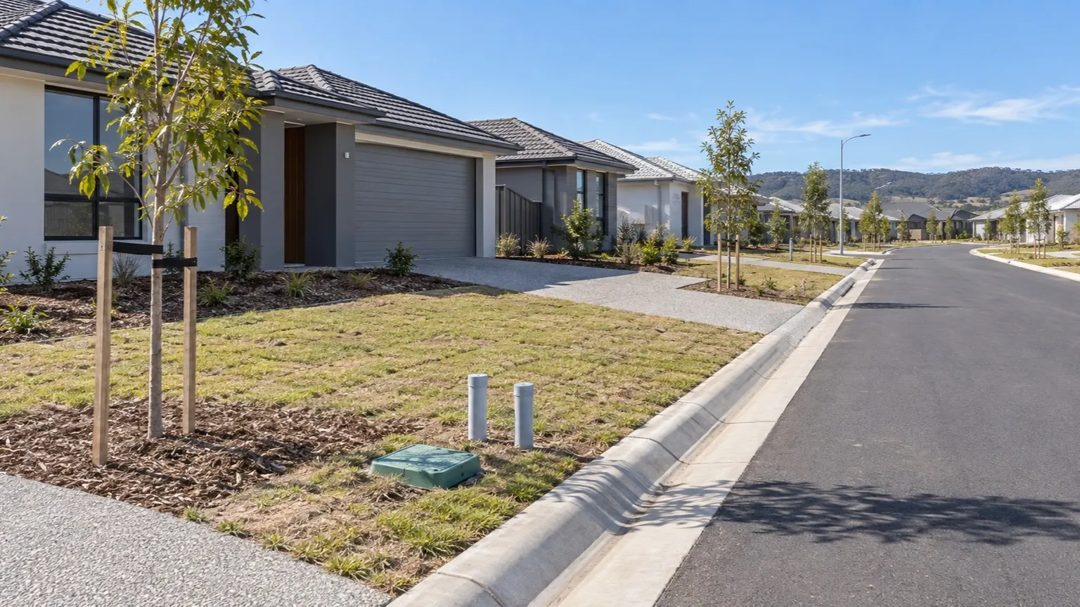 Illustrative wide view of a newly built Australian residential street showing a small green underground utility pit and conduits in the grass verge