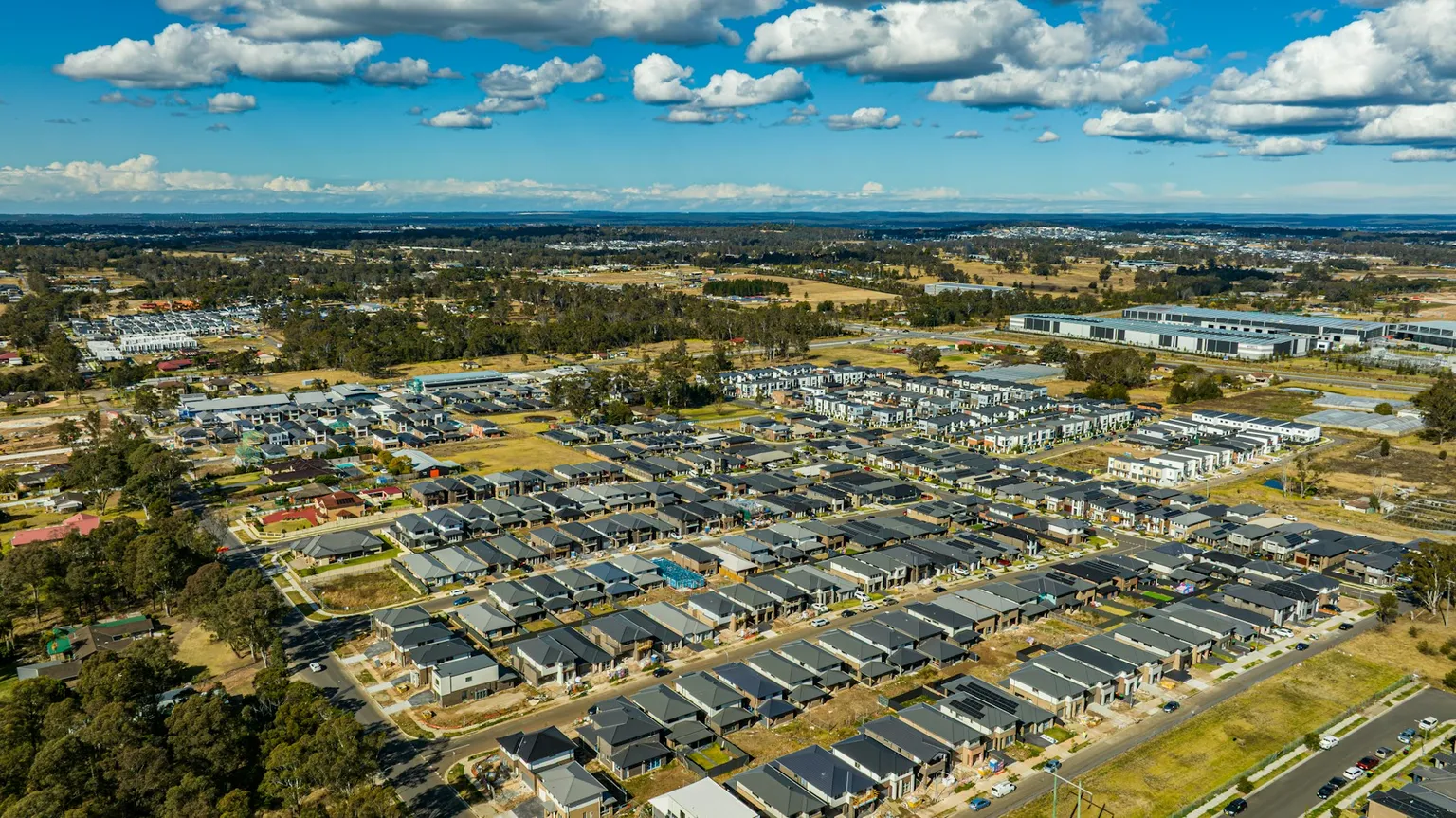 Aerial view of a new suburban housing development in Sydney, New South Wales