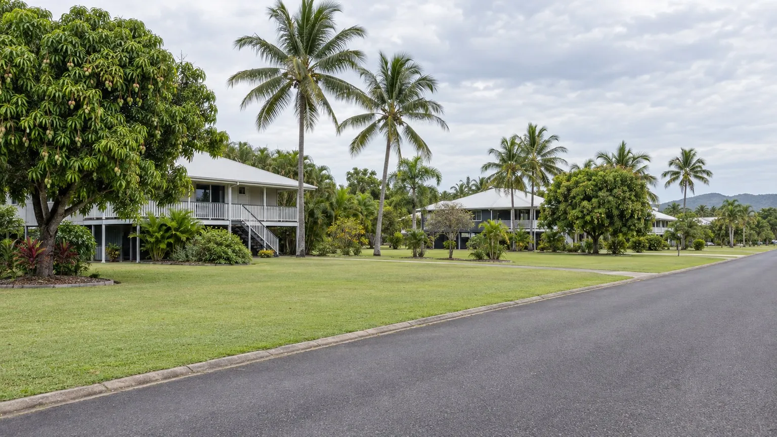 Wide low-density suburban street in tropical northern Australia with palms, mango trees and elevated single-storey houses on large level blocks