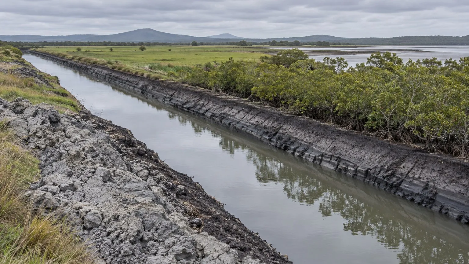 Straight open drainage channel cut through a low-lying coastal floodplain, with dark exposed drain batter, grey clay spoil on the bank, mangroves along the far edge and flat grazing paddock beyond under a grey overcast sky