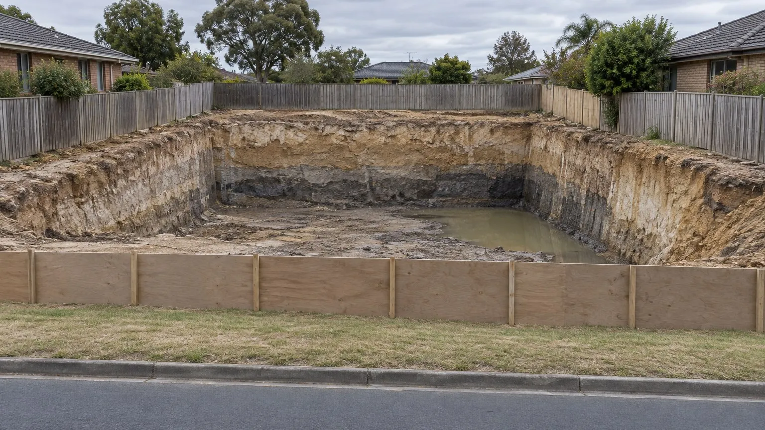 Deep building excavation with clean clay batters in a suburban Australian street, groundwater pooled in the lowest corner of the dig, timber fences and single-storey houses along the boundary and a quiet sealed road in the foreground