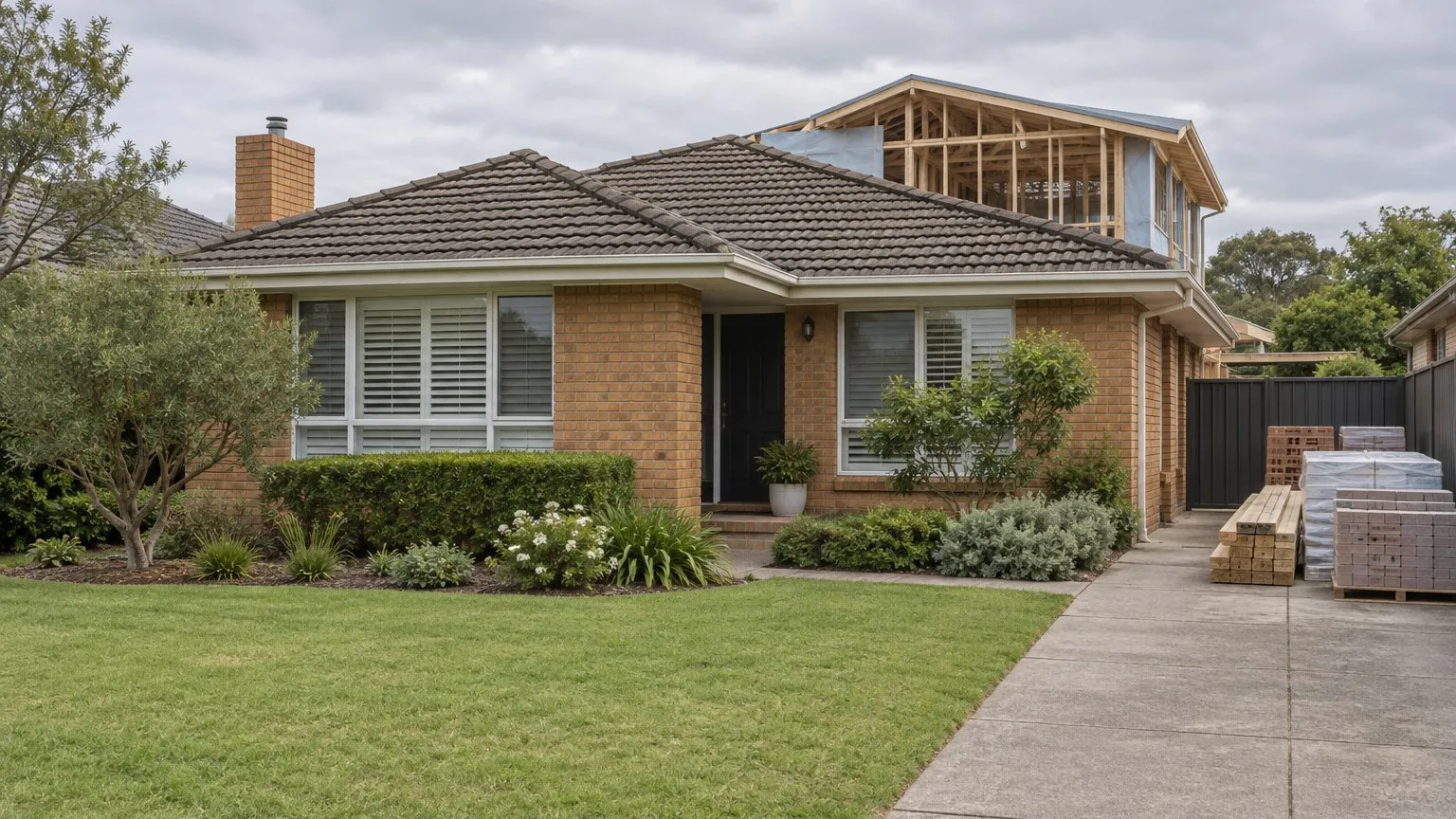 Illustrative wide view of an Australian brick and tile suburban house with a partly built rear addition rising behind the original roofline