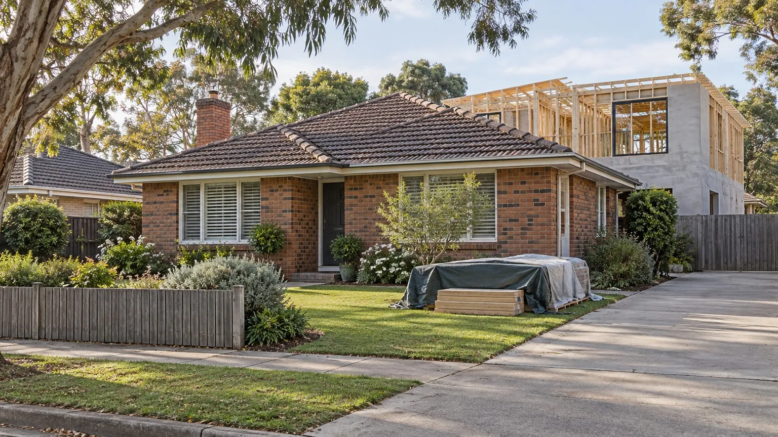 Illustrative wide view of an established Australian suburban brick house with a rear extension under construction behind the original roofline