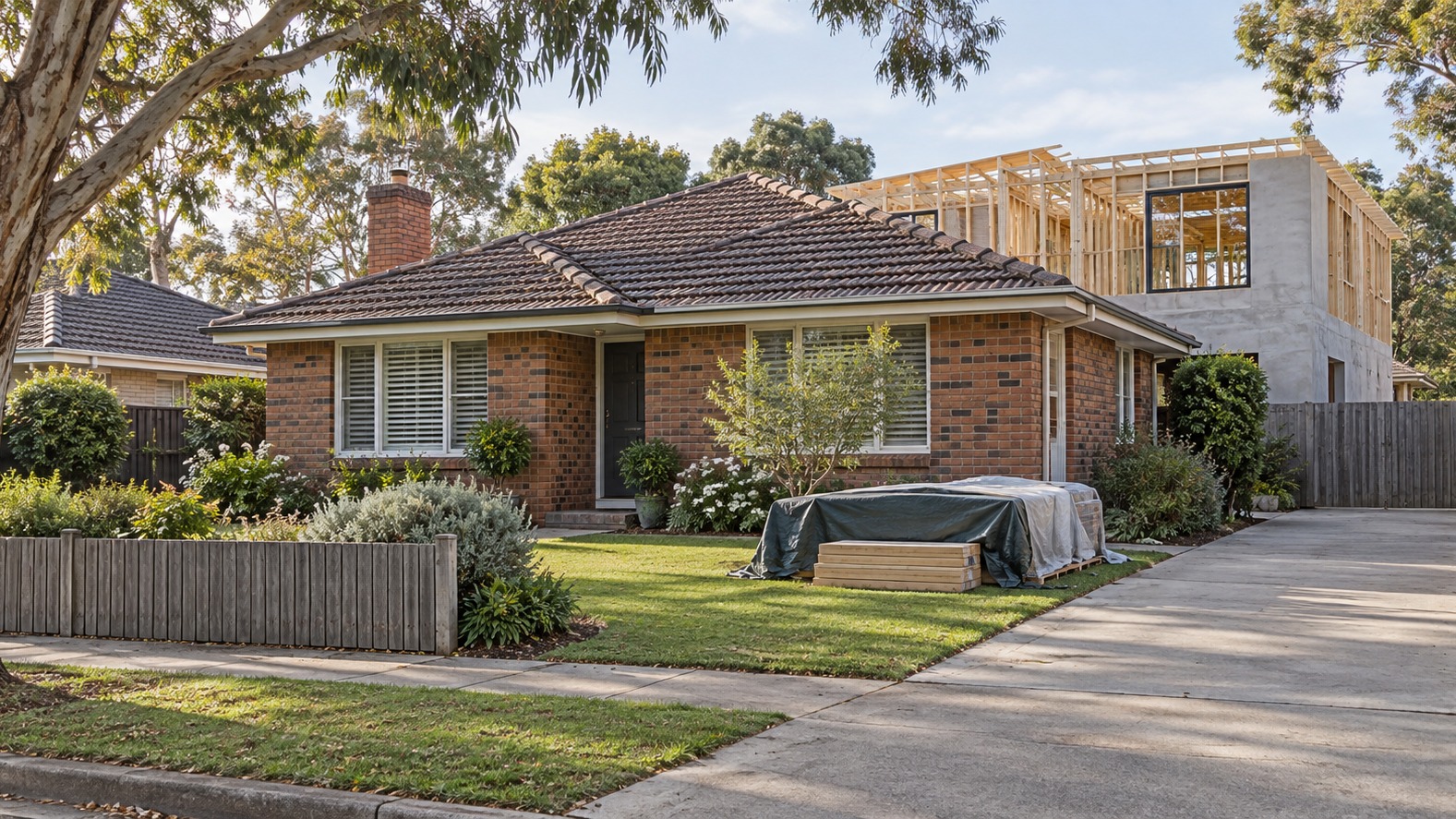 Brick suburban house with an extension under construction behind it