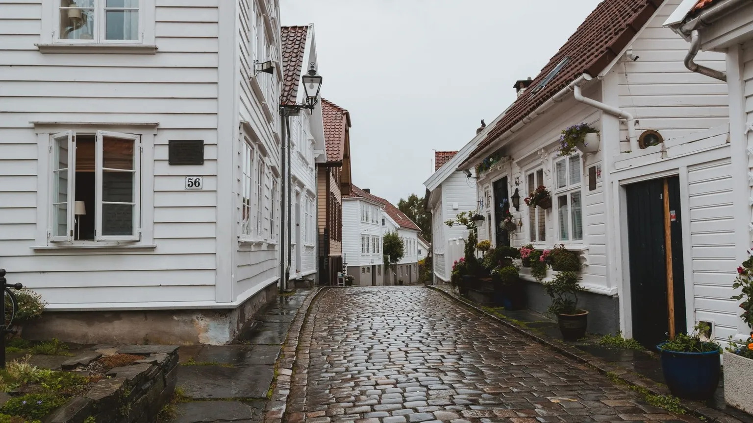 Narrow paved residential access between houses, used to illustrate rear-lot driveway width and turning constraints