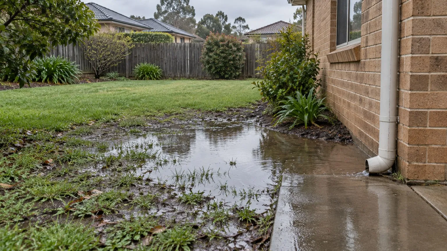 Illustrative view of a waterlogged rear garden beside a brick house after rain, with a downpipe discharging onto a wet concrete path