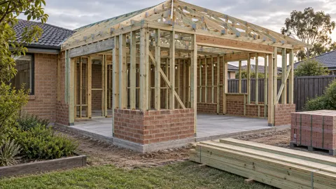 Partly framed residential addition with timber studs under construction
