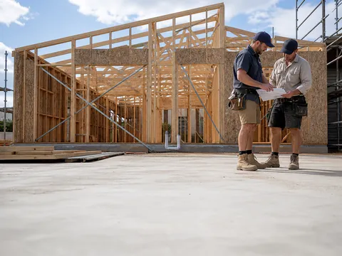 Builder and investor reviewing a progress payment schedule on a construction site