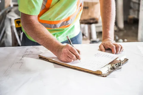 Construction professional recording site decisions on a clipboard