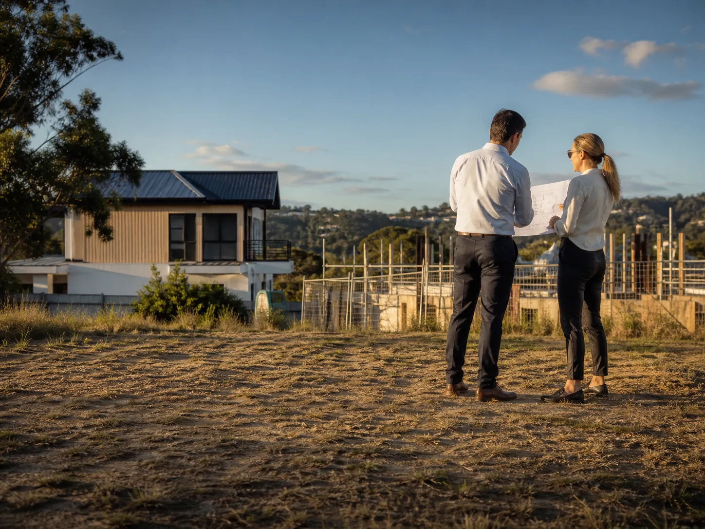 Australian property investor reviewing a council map, site plan and feasibility spreadsheet beside a suburban development block