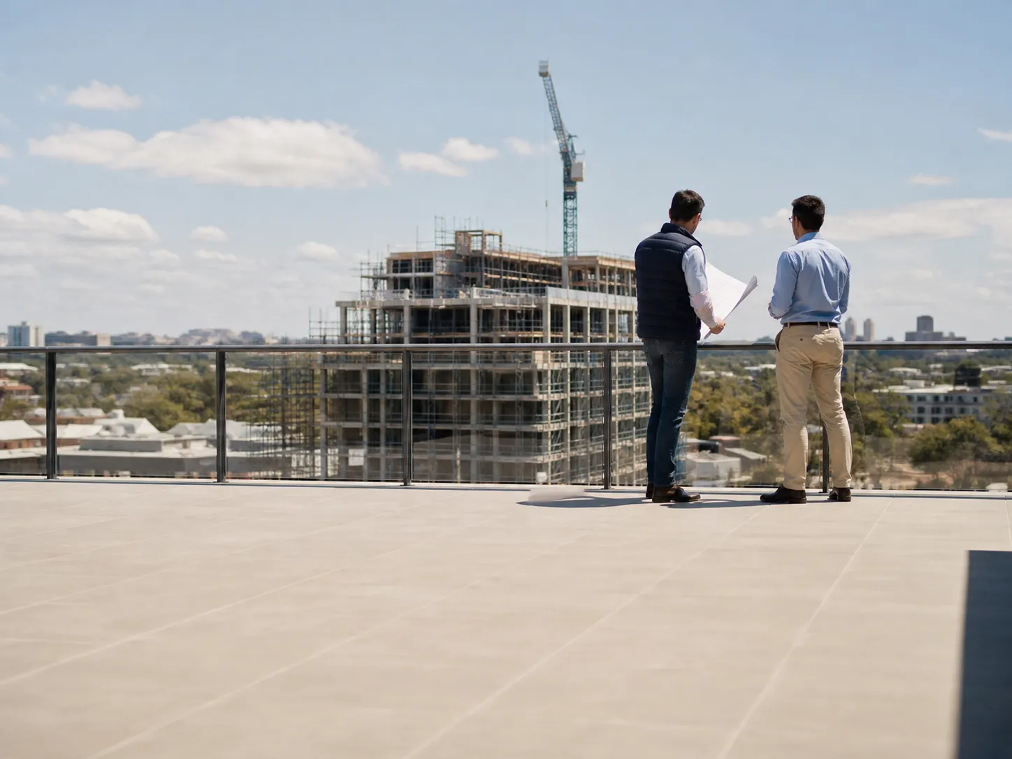 Development site plan beside three exit pathways labelled sell, refinance and partner