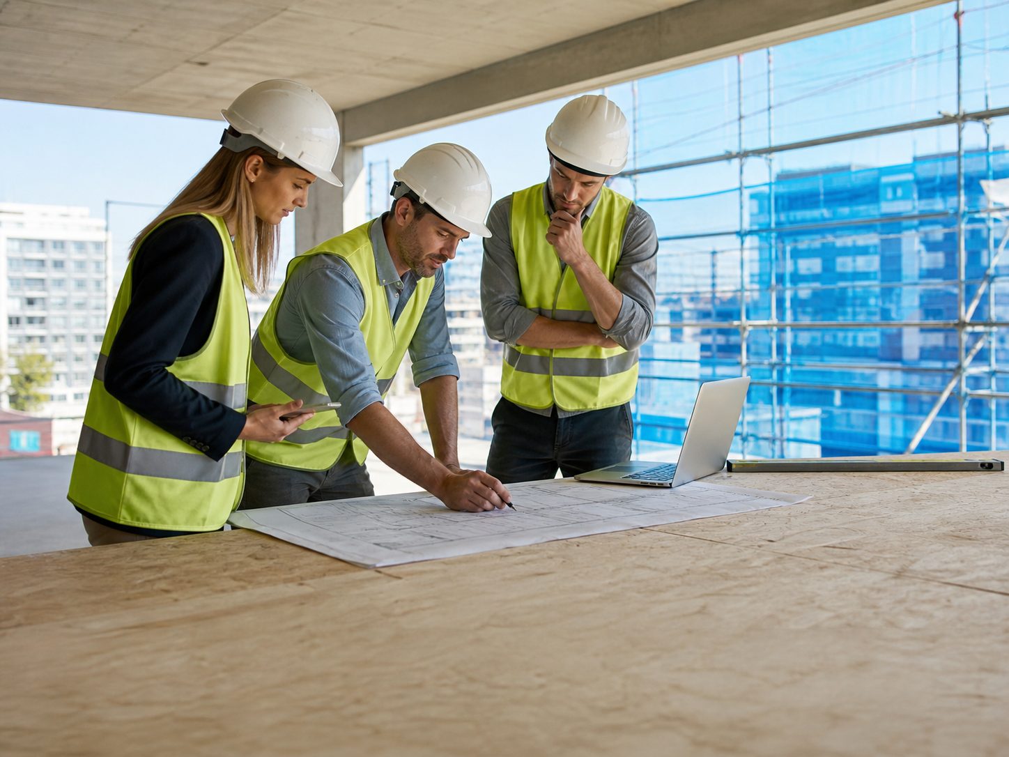 Quantity surveyor reviewing construction cost estimates on site plans