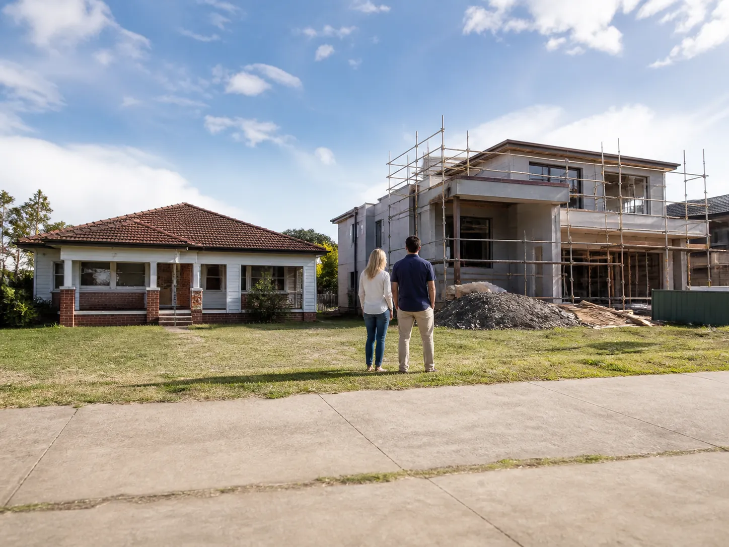 Split image of a renovated Australian home and a small development site plan