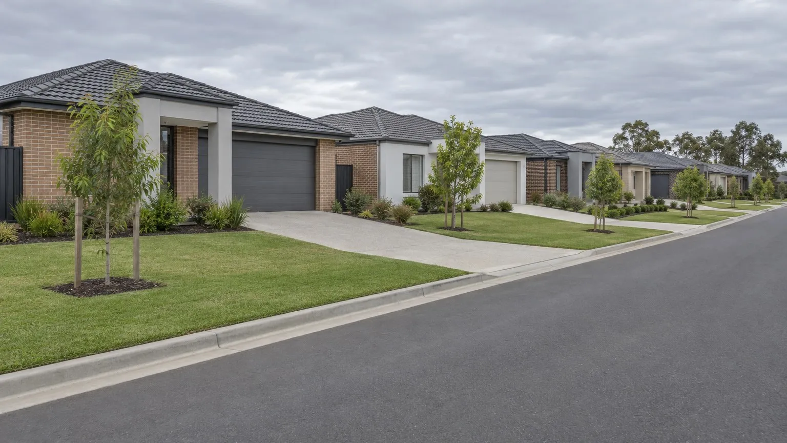 Recently completed suburban street of new single-storey brick and rendered homes with tiled roofs, concrete driveways, mown front lawns and young street trees in the verge, beside a sealed road with concrete kerb and gutter under flat overcast daylight