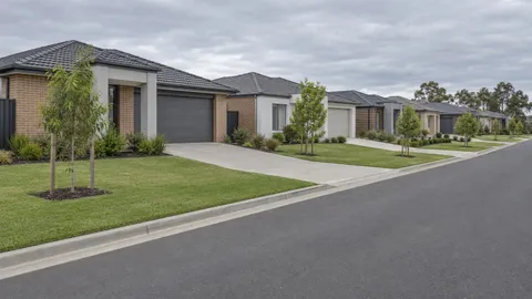 New single-storey homes with driveways on a recently completed suburban street