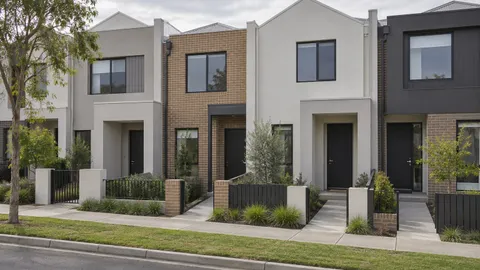 Narrow attached two-storey dwellings in a row along a suburban street