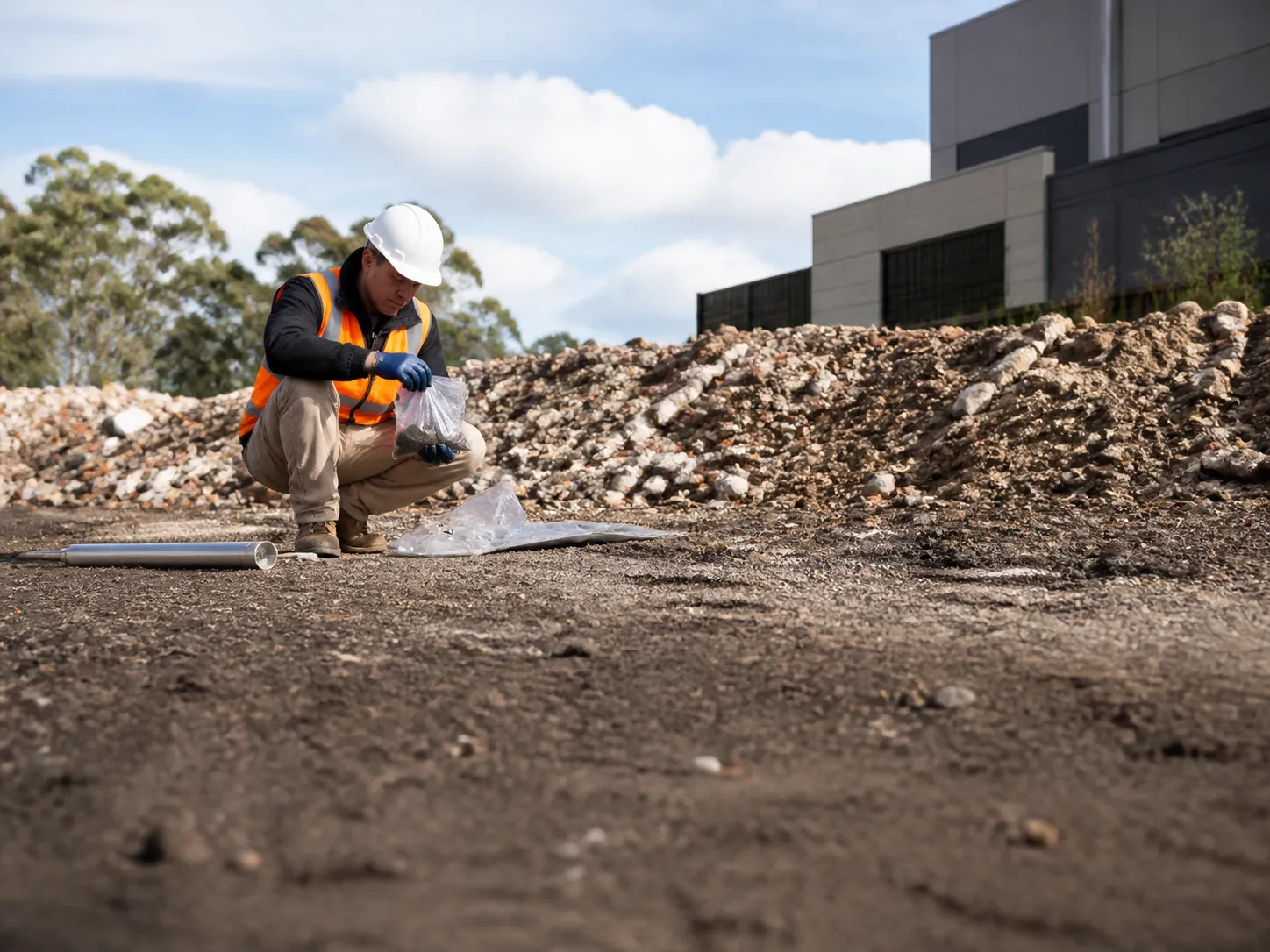 Soil sample being collected from a vacant property block for testing