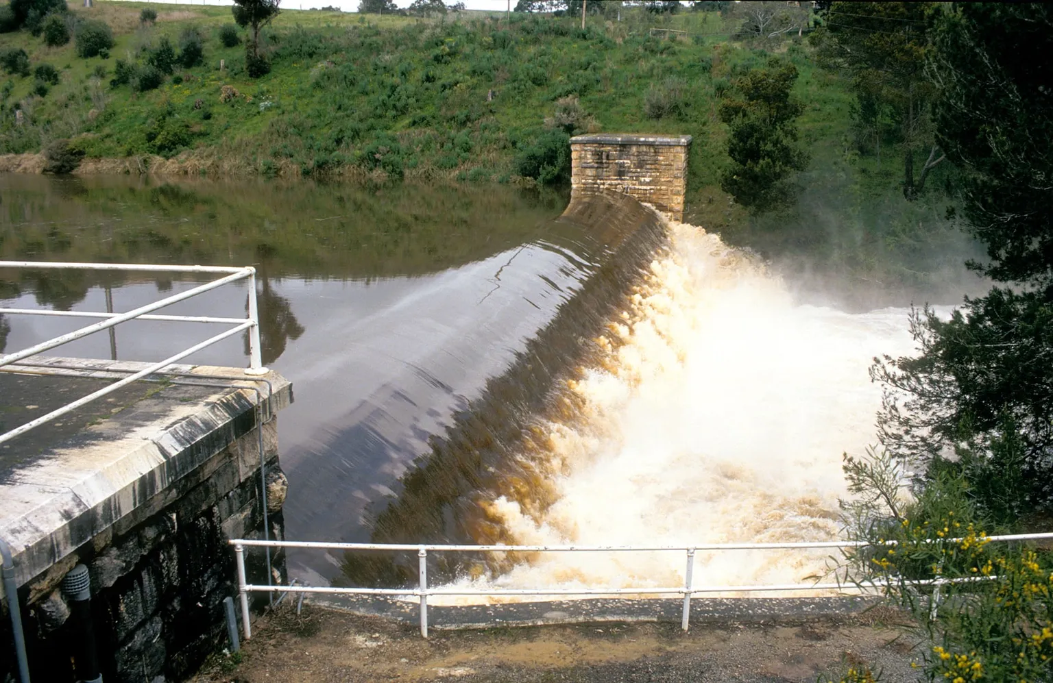 Flood waters surging over Clarendon Weir in the Adelaide Hills, South Australia