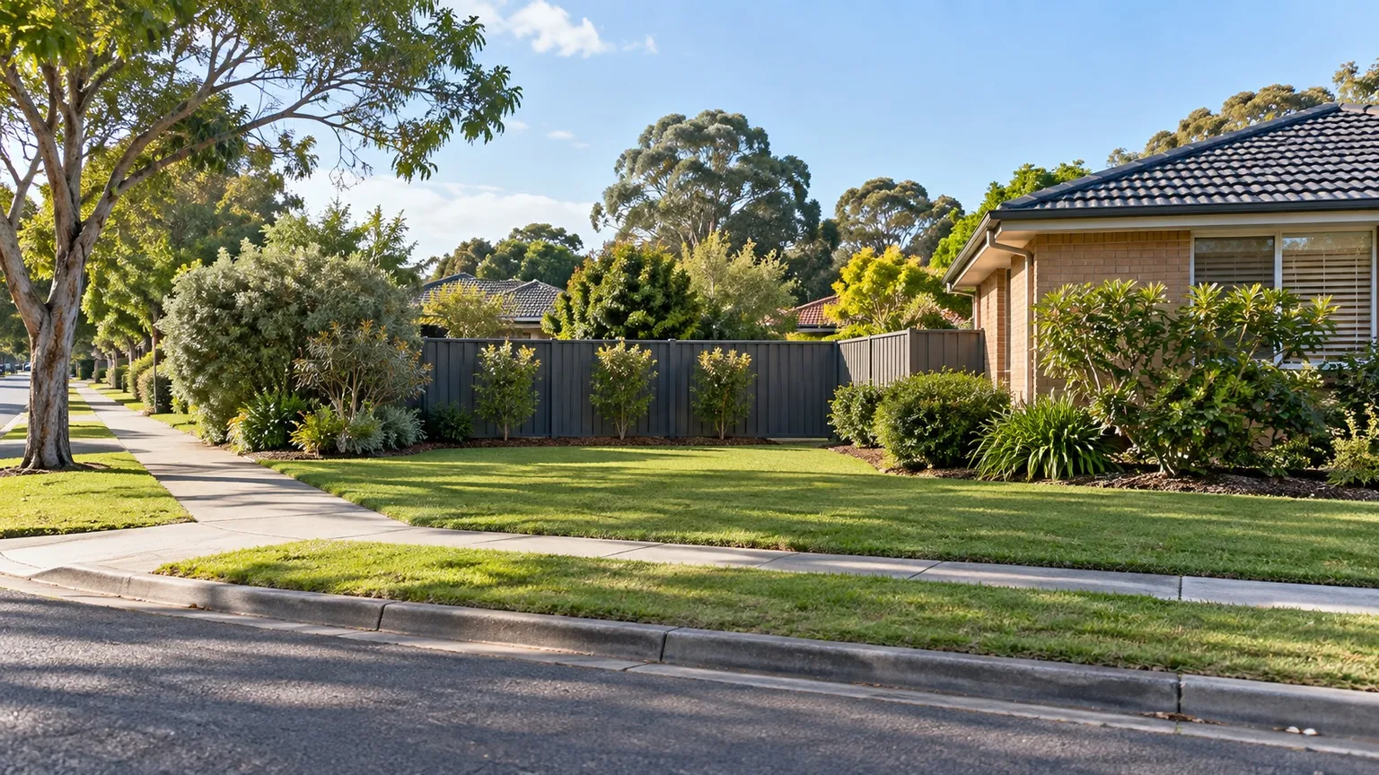 Illustrative Australian suburban corner property with a newly installed low boundary fence dividing the rear yard beside a single-storey brick house