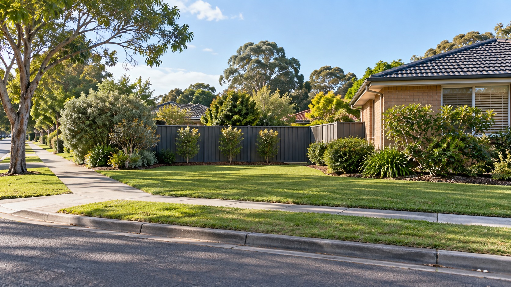 Rear yard beside a brick house with a new boundary fence