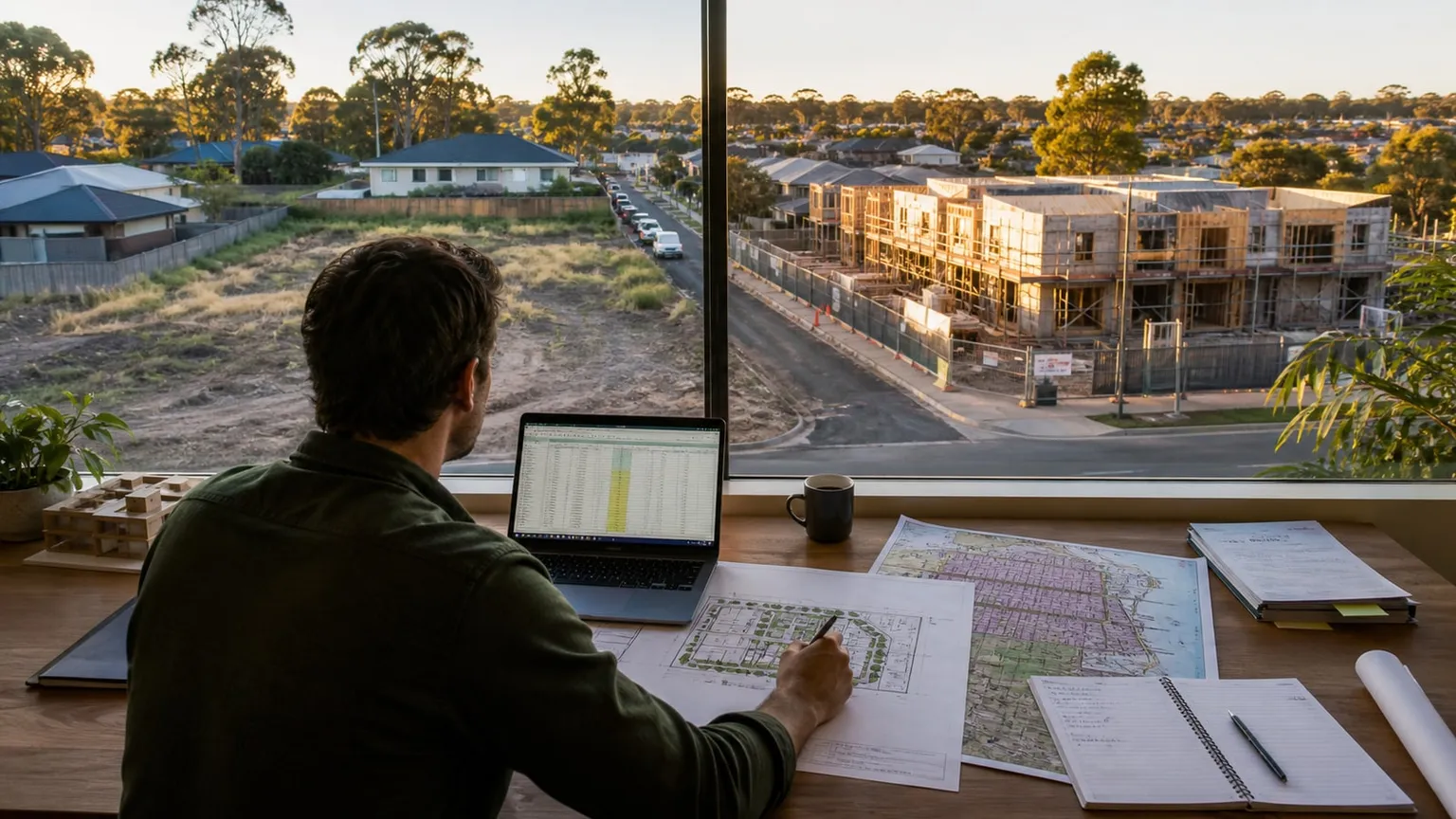 Australian property developer reviewing a feasibility and site plan between vacant land and townhouses under construction