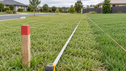 Survey peg and tape marking a boundary on a grassed residential block