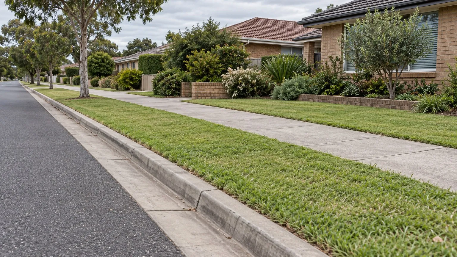 Suburban Australian street showing concrete kerb and gutter, footpath and grass nature strip beside single-storey houses