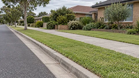 Kerb, gutter, footpath and grass verge along a suburban street