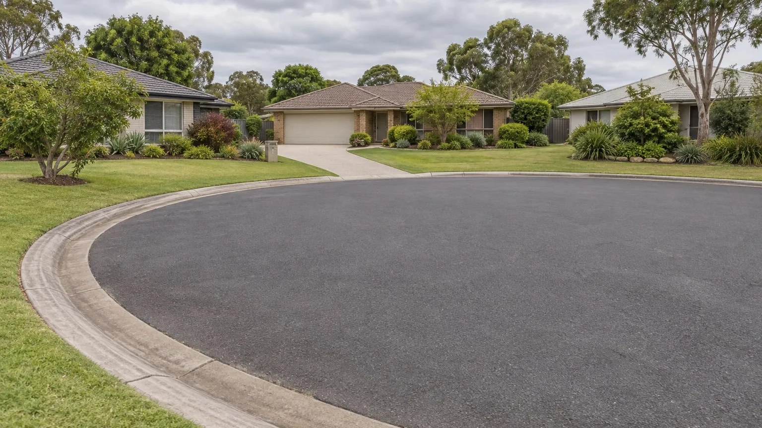 Cul-de-sac court head in a suburban street showing the curved concrete kerb and gutter, grass verge and houses set back
