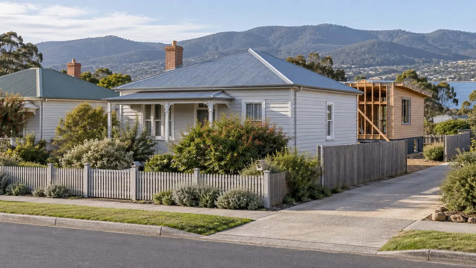 Illustrative Tasmanian suburban street with timber-clad houses, one showing a partly built rear addition behind the roofline