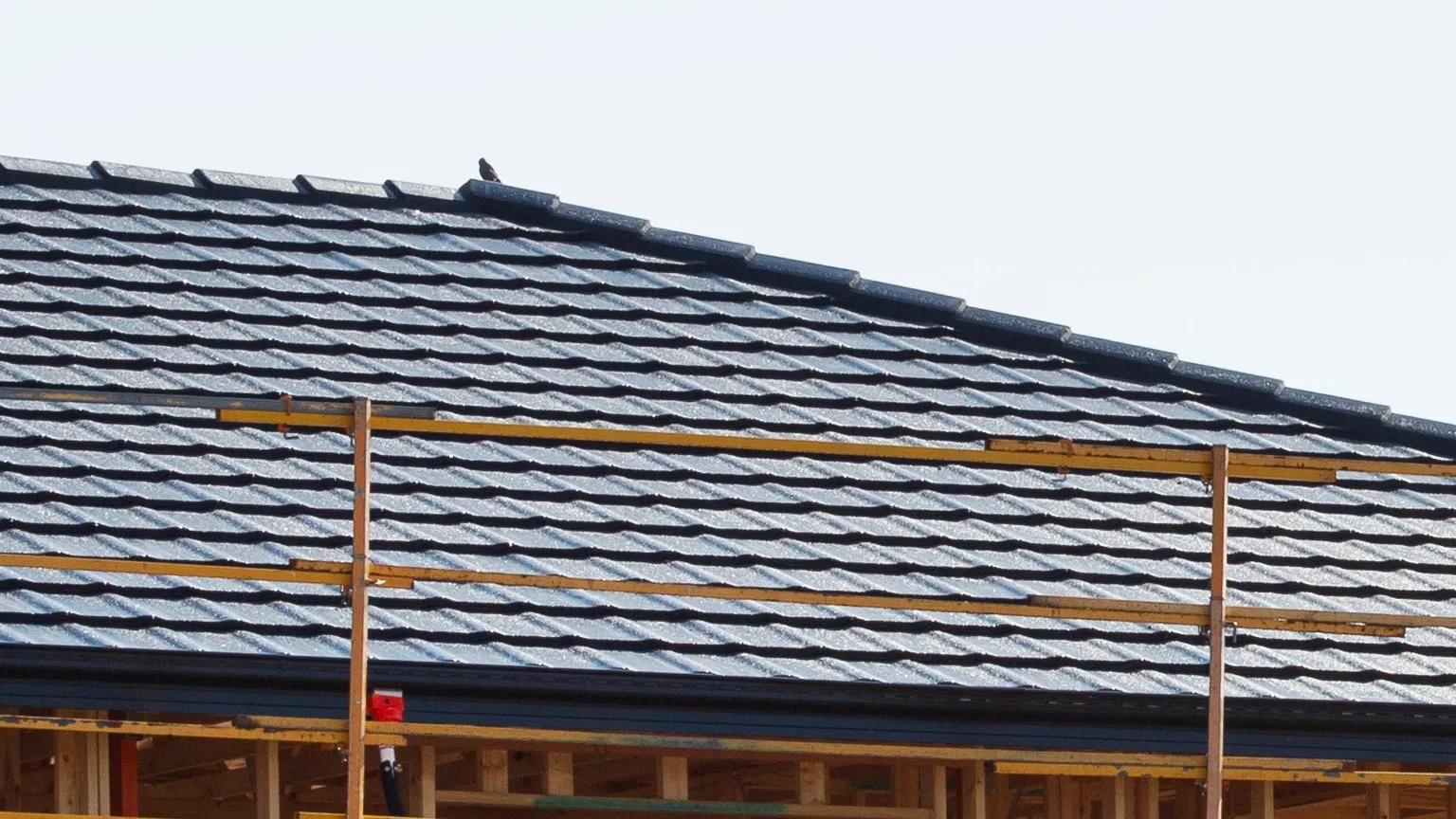Tiled roof, scaffolding rails and exposed framing in Clyde North, Victoria.
