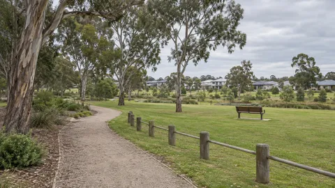 Suburban park reserve with mown grass, gravel path and gum trees