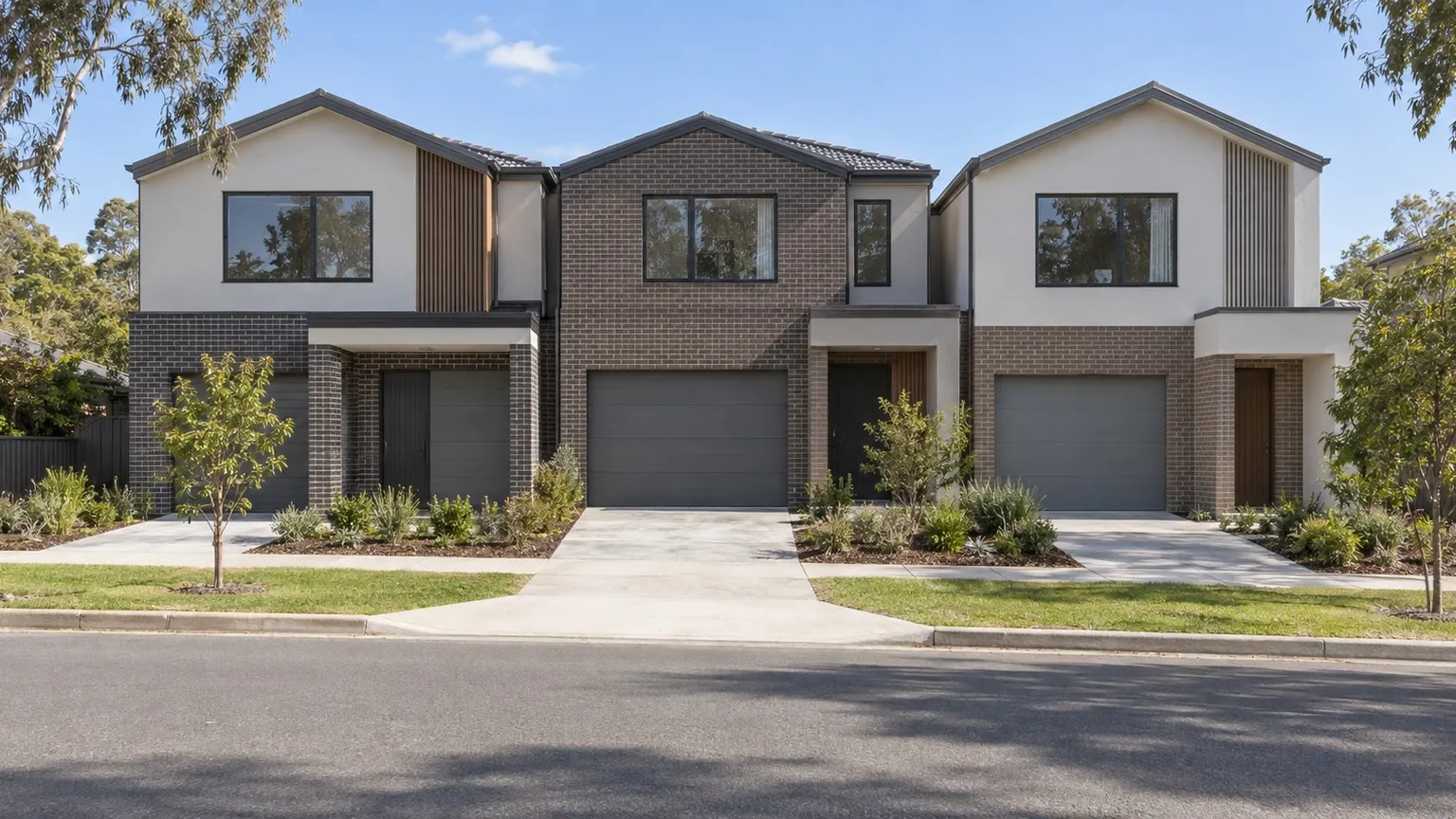 Illustrative completed small-scale infill development of three attached two-storey brick and render townhouses seen from across the road