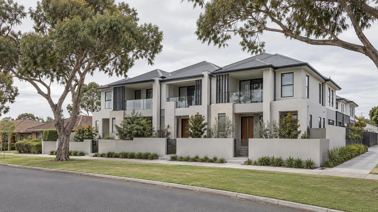 Large modern attached grouped-dwelling development of several pale rendered two-storey homes with dark roofs on a suburban Perth street