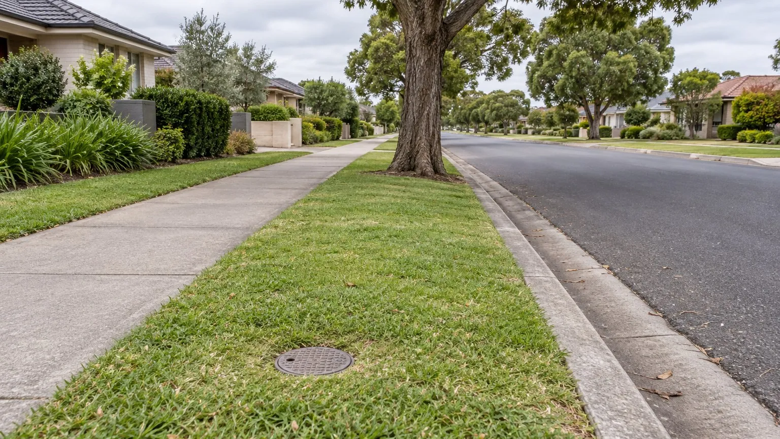 Illustrative view of a suburban street with a covered water main tap and pipework near a grassed verge