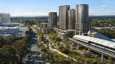 Conceptual transit-oriented apartment precinct in Westmead with rail, parks and hospitals
